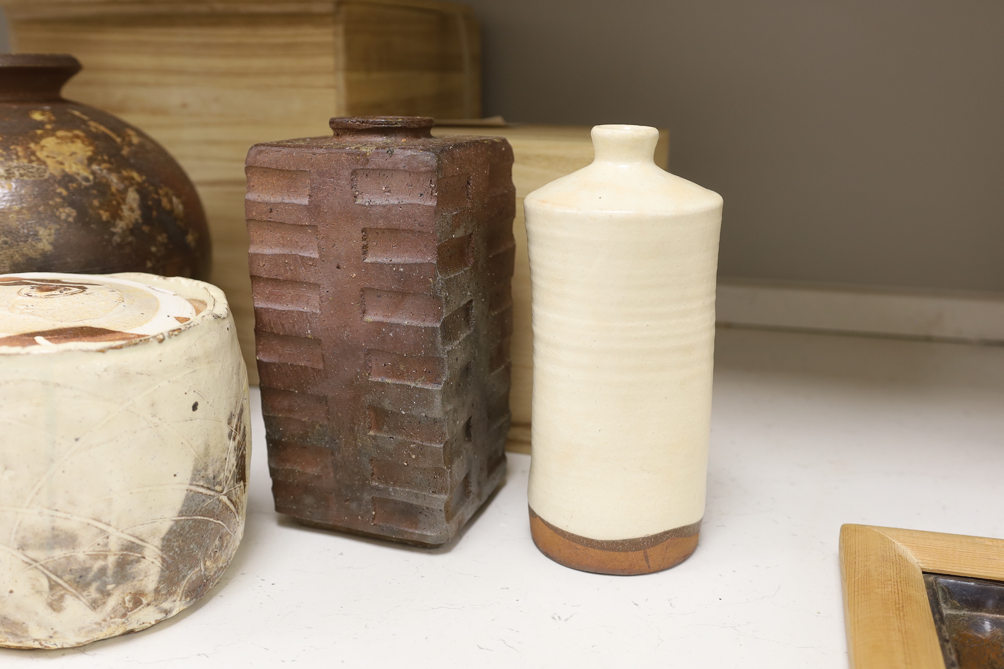 Three Japanese pottery vases and a similar pot and cover, Bizen kilns etc.,two items boxed, largest 25.5cm high